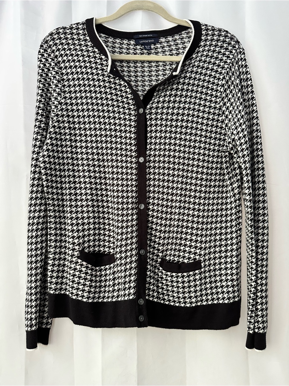 Lands' End M Supima Cotton Black & White Houndstooth Cardigan Preppy Classic